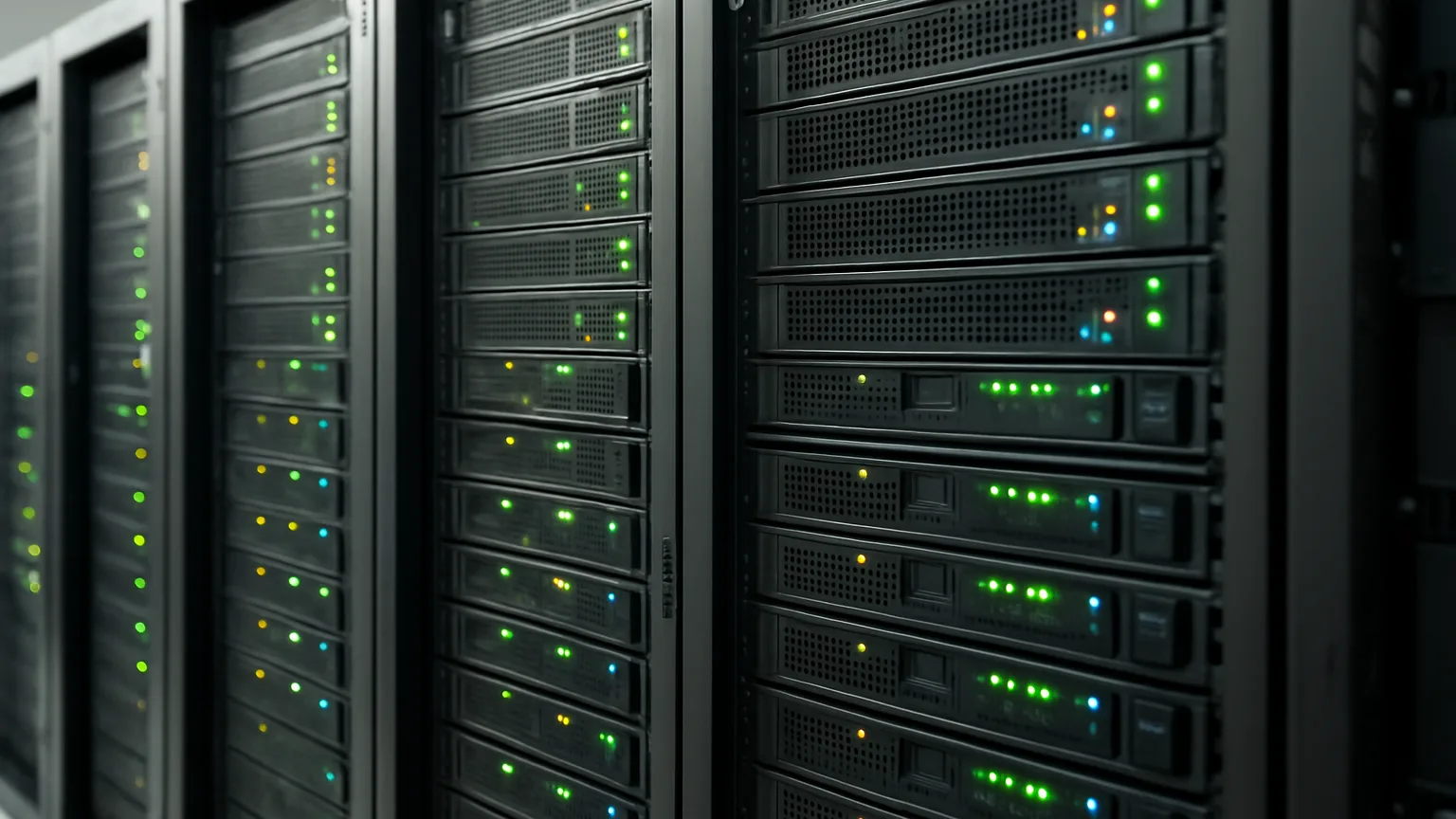 Multiple computer server towers in a data center with blinking status lights, representing the networked systems processing card transactions across different stops.