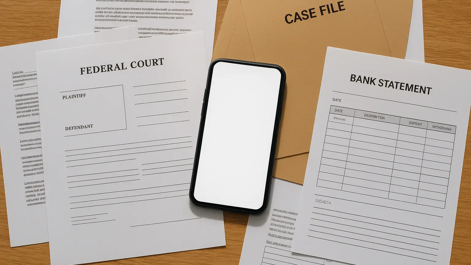 A desk scattered with federal court documents, case files, bank statements, and a phone with a blank screen, overhead view in office lighting.