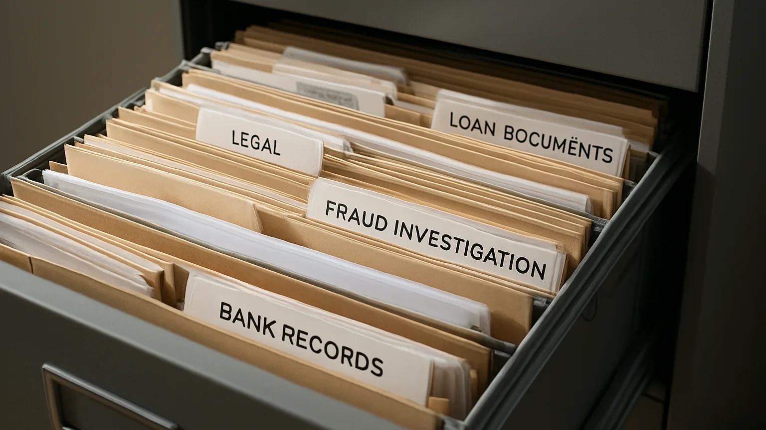 An open file cabinet drawer filled with organized legal folders, bank records, and loan documents related to fraud investigation materials.