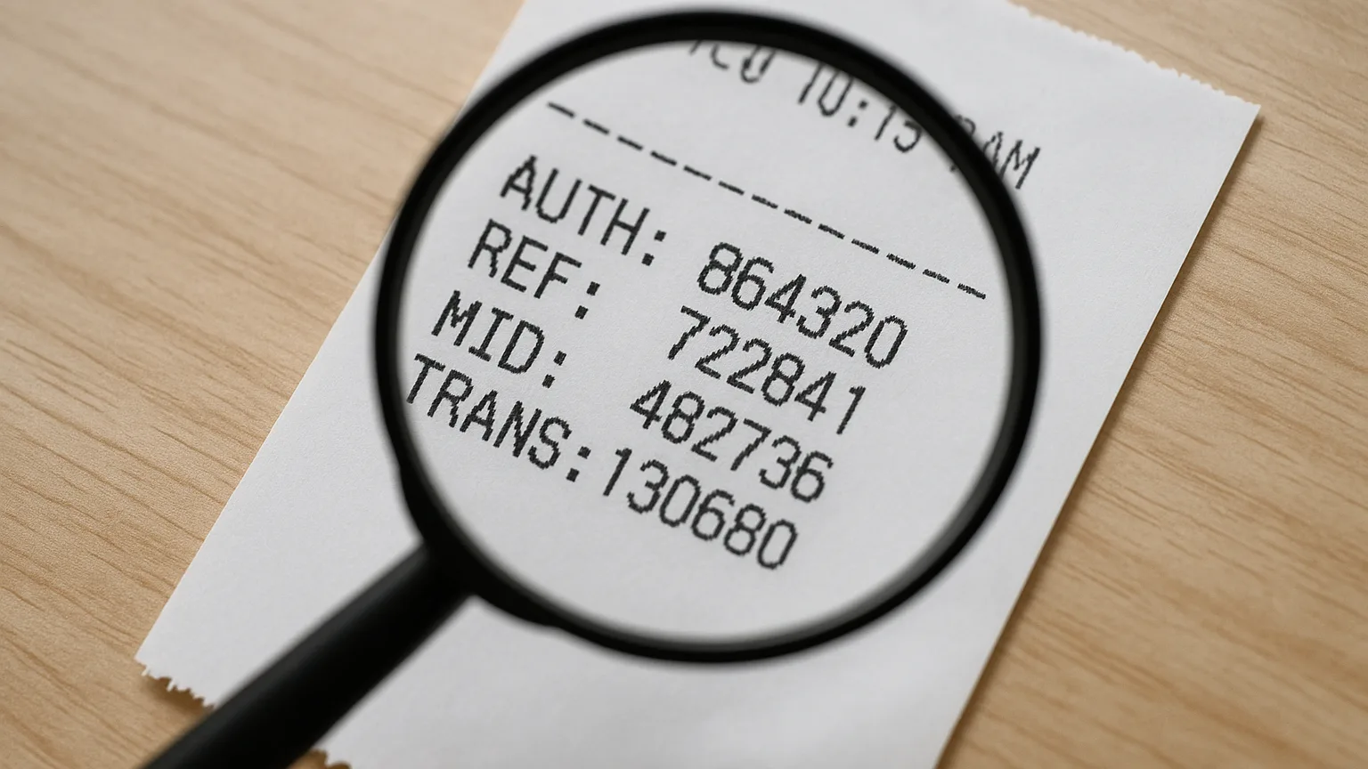 Close-up of a printed transaction receipt showing authorization codes, reference numbers, merchant IDs, and timestamp fields with a magnifying glass positioned over the detailed data.