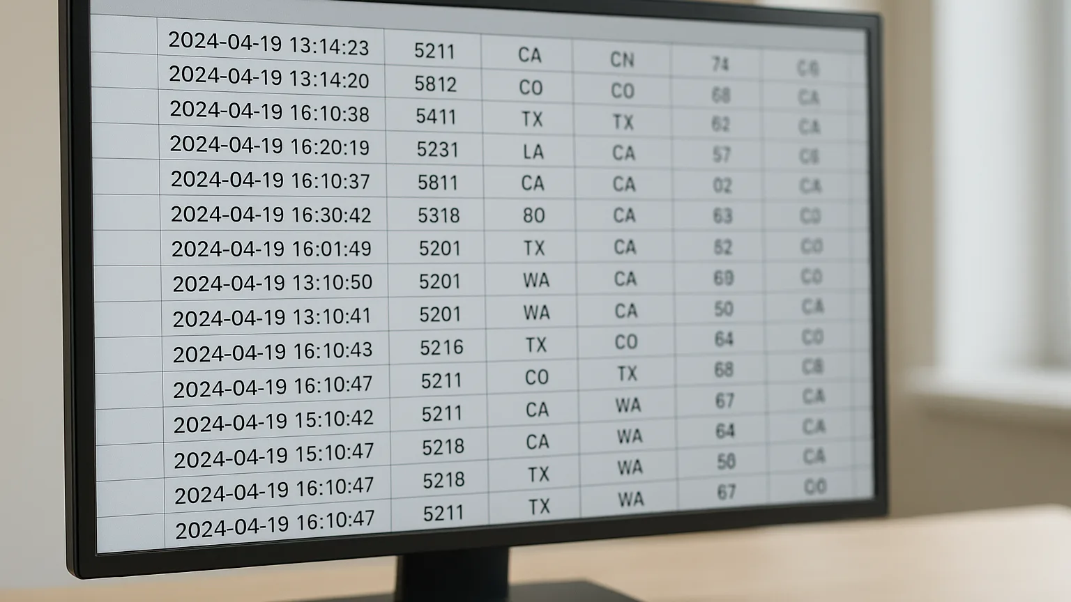 A computer monitor displaying transaction logs with multiple timestamp entries, merchant category codes, and location data fields arranged in database columns and rows.
