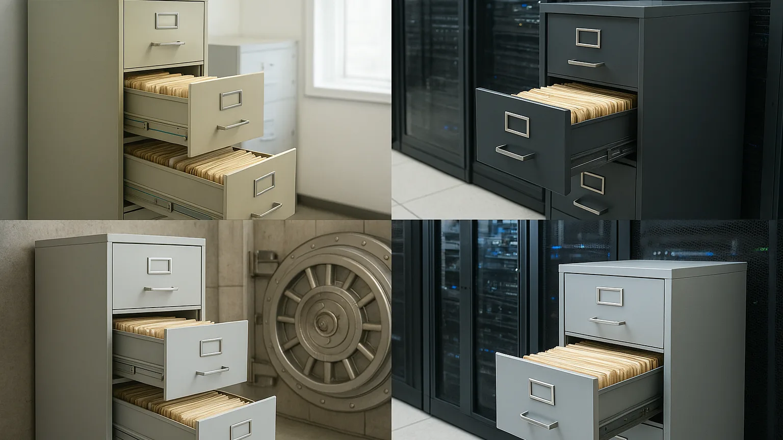 Four separate filing cabinets in different locations photographed together: merchant register system, processor server room, bank vault, and card network data center, each with open drawers showing stored records.