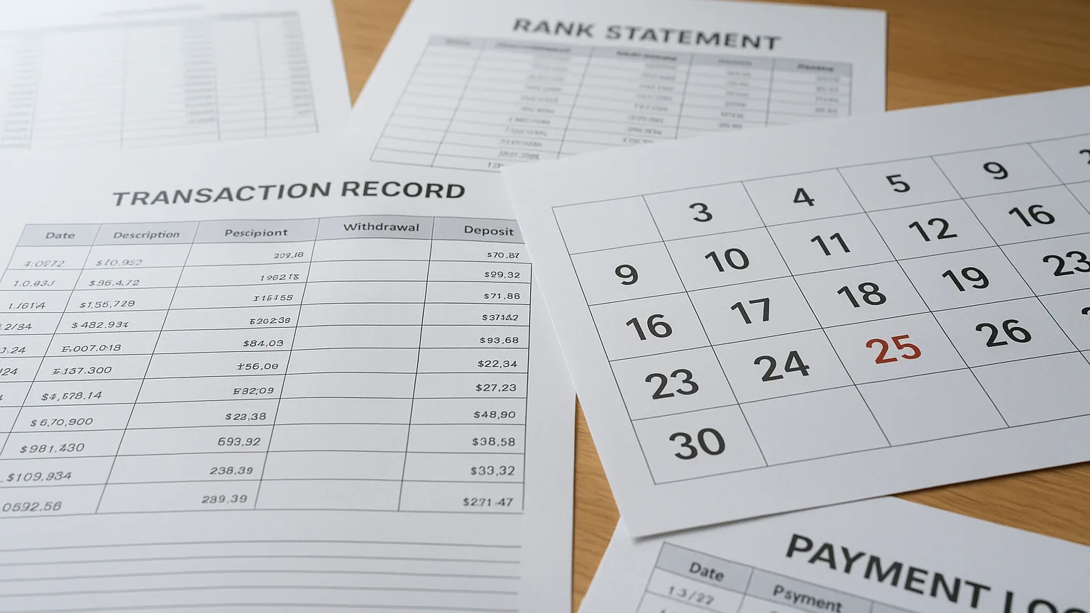 A desk with printed transaction records, bank statements, and payment logs spread out, with a calendar showing dates circled in red, emphasizing time-sensitive documentation.