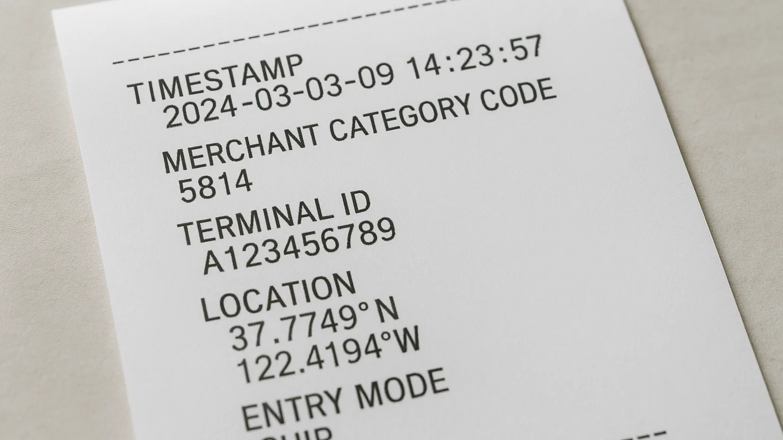 A close-up of a payment terminal receipt or transaction record displaying fields: timestamp, merchant category code, terminal ID, location data, and entry mode information.